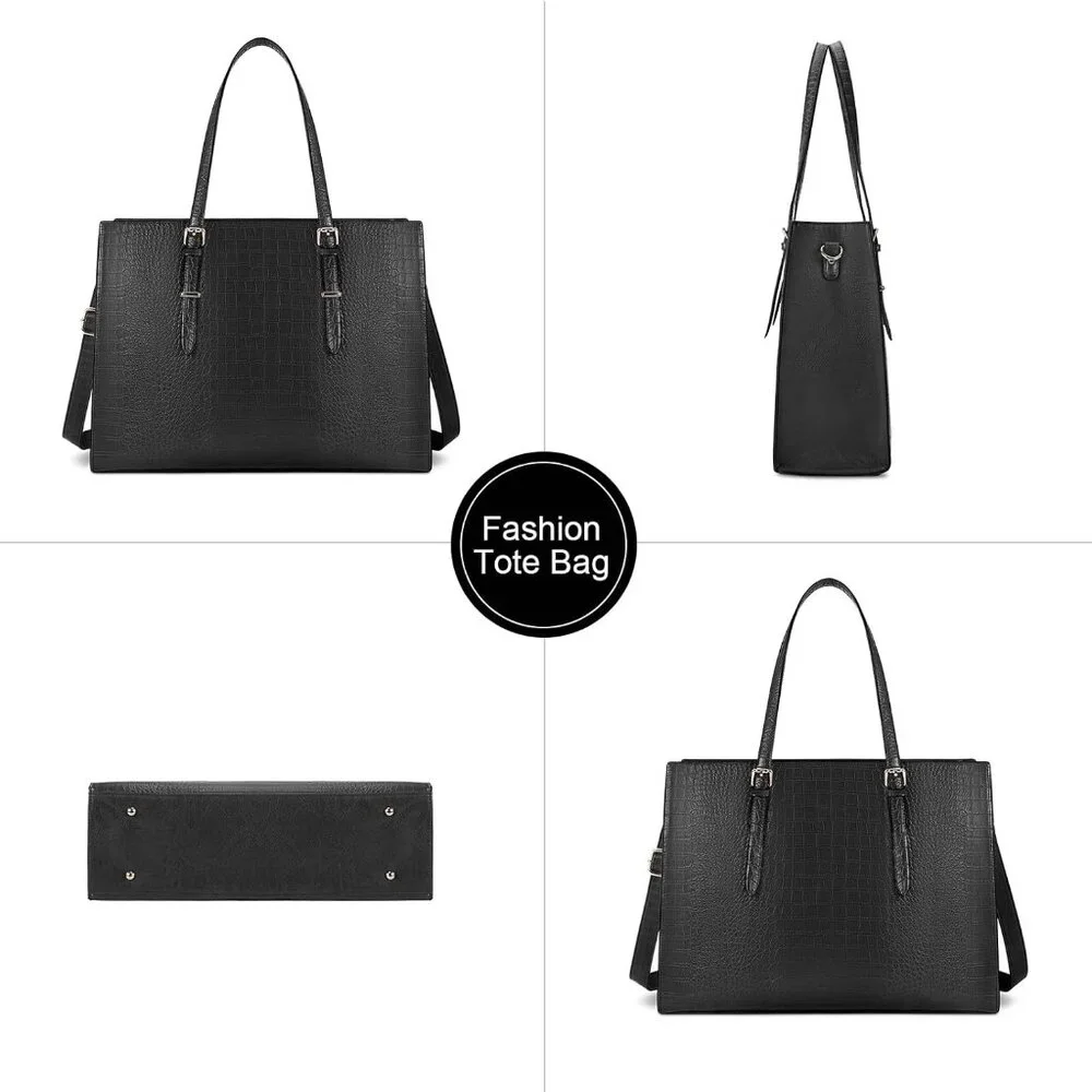 〽️Women Black Leather Waterproof Professional Shoulder Bag 15.6 Inch Laptop Bag